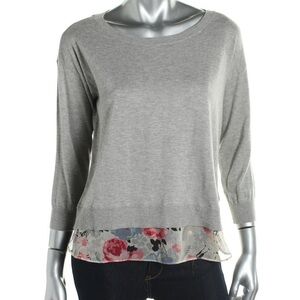 Lauren Ralph Lauren Womens Gray Chiffon Hem Floral Sweater Top Pullover Size M
